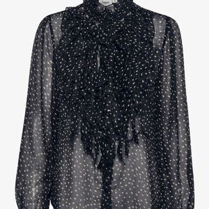 St. TROPEZ Sheer Black Ruffled Bib Collar Blouse